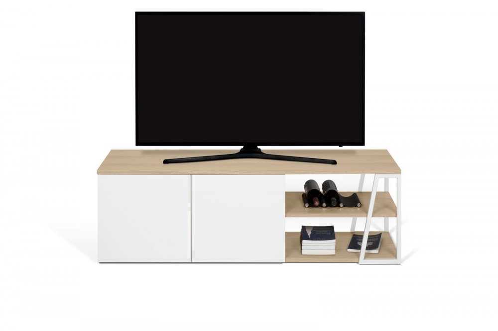 Meuble TV design ALBI finition structure chêne façade blanc mat